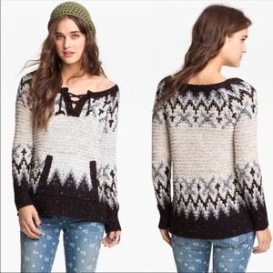 Free People Love Bug Nordic Lace Up Sweater Fair Isle Black Beige Small